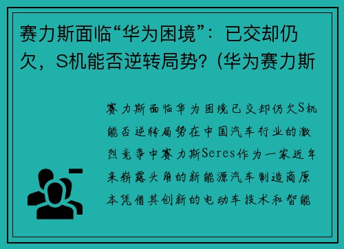 赛力斯面临“华为困境”：已交却仍欠，S机能否逆转局势？(华为赛力斯销量如何)